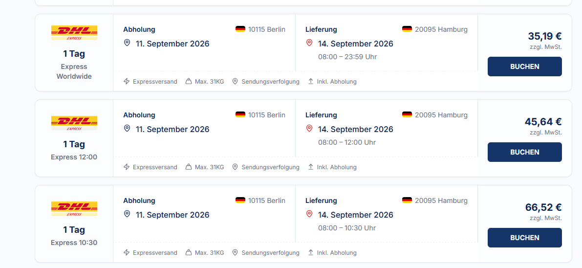 DHL Express Tarife im Versandrechner: Express Worldwide, Express 12:00 und Express 10:30 mit Preis und Buchen-Button